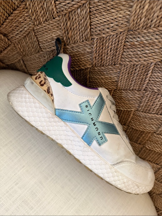 John Richmond Shoes - John Richmond White/Celeste/Purple/Green Color Block Leather Sneaker Size 38